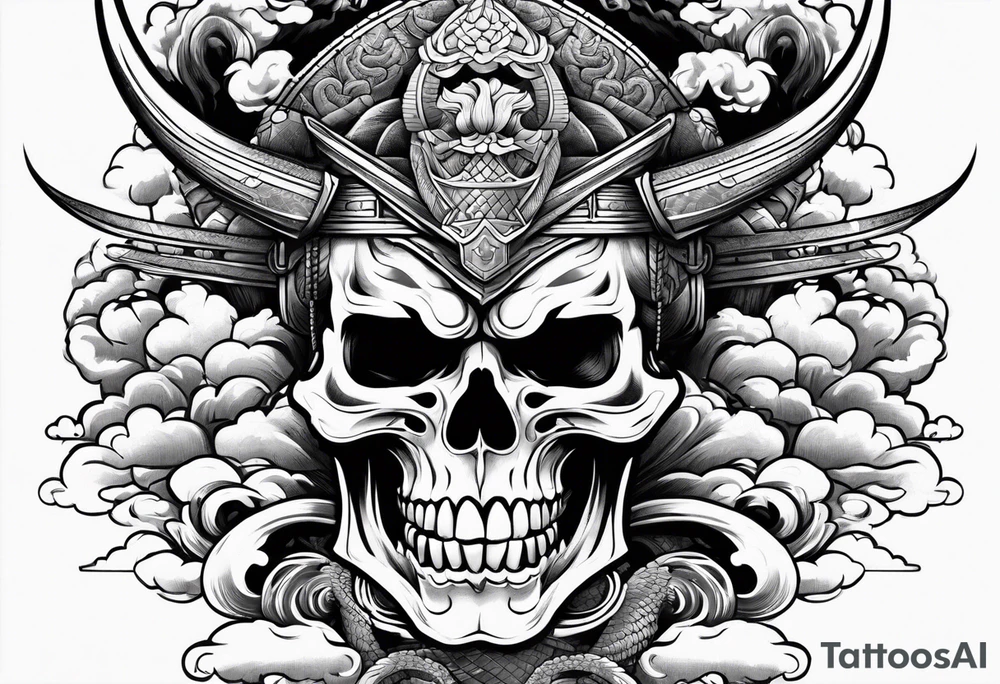 Powerful Majestic Samurai skull on top of dragon with clouds on boarder tattoo idea