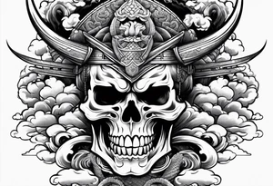 Powerful Majestic Samurai skull on top of dragon with clouds on boarder tattoo idea