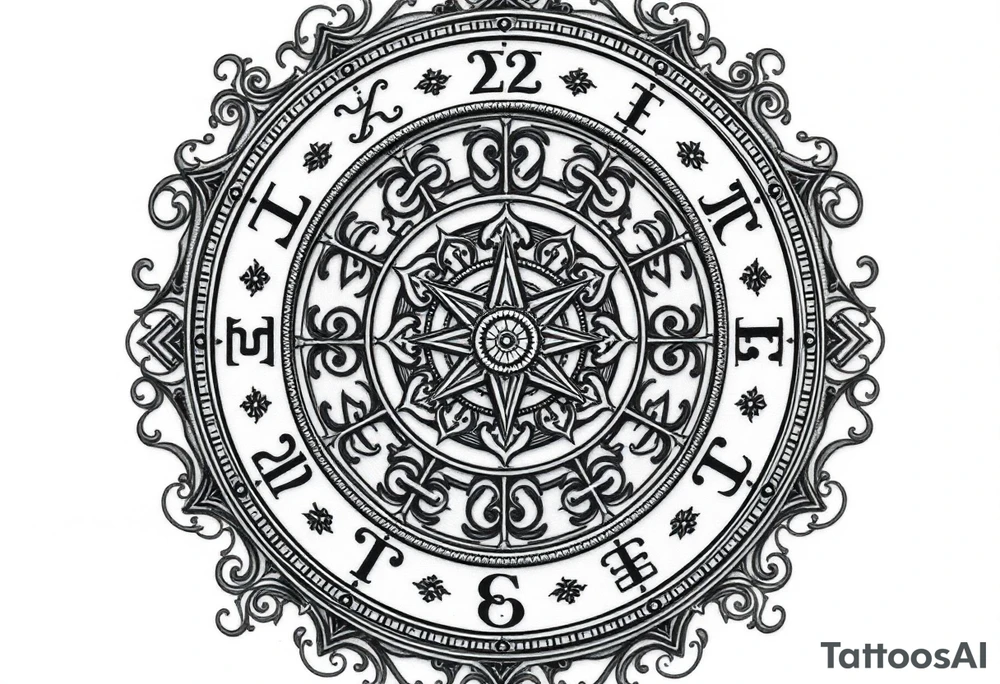zodiac symbols runes within ornate clockwork mechanism tattoo idea
