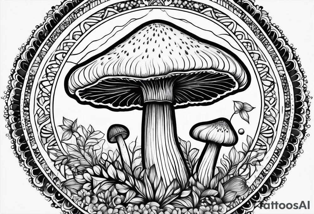 Large Shaggy cap mushroom dripping ink off cap with 4 smaller mushrooms around it mandala henna black tattoo design tattoo idea
