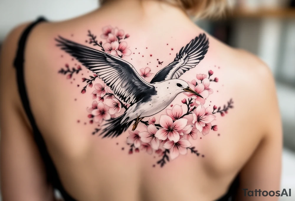 Flying Albatross with Cherry Blossoms – The bird flying over pink and white cherry blossoms, adding contrast and softness to the majestic shape. tattoo idea