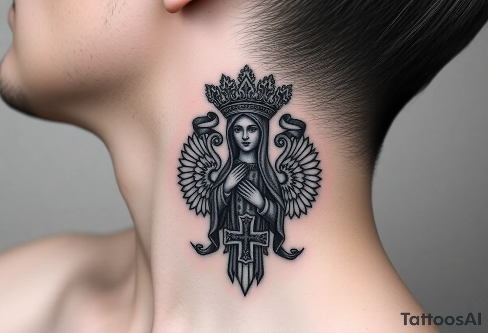 russian coat arms in a christian orthodox style virgin mary on the side of the neck tattoo idea