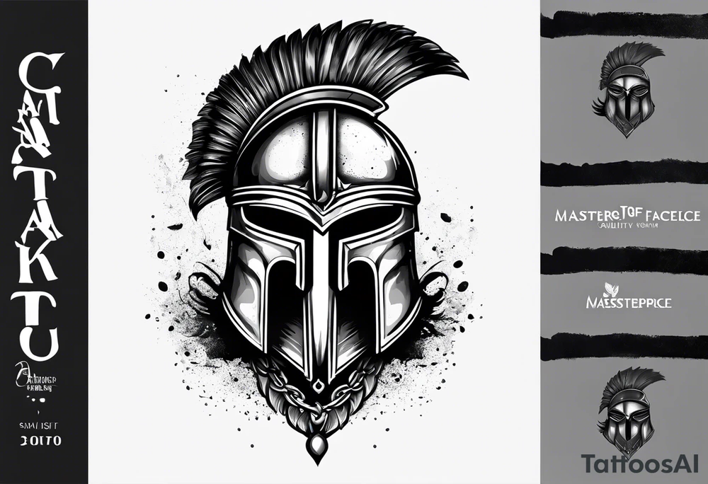 Create a faceless Spartan warrior helmet image. Behind the whole helmet is a simple weight. Below the helmet is a flying owl holding an old wine goblet and an hourglass with sand falling from it. tattoo idea