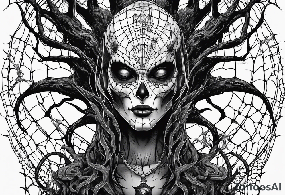 Funny Alien surrounded by spiderwebs and dead trees tattoo idea