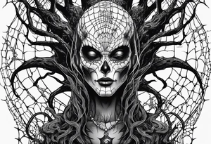 Funny Alien surrounded by spiderwebs and dead trees tattoo idea