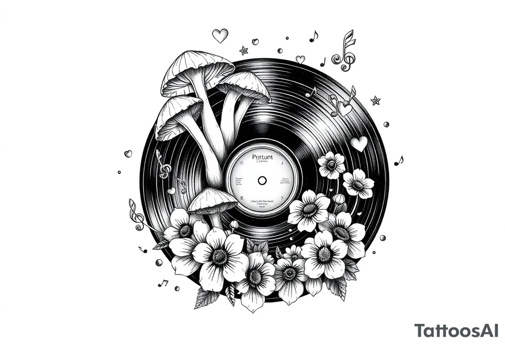 vinyl record with mushrooms, flowers, hearts, and music notes tattoo idea