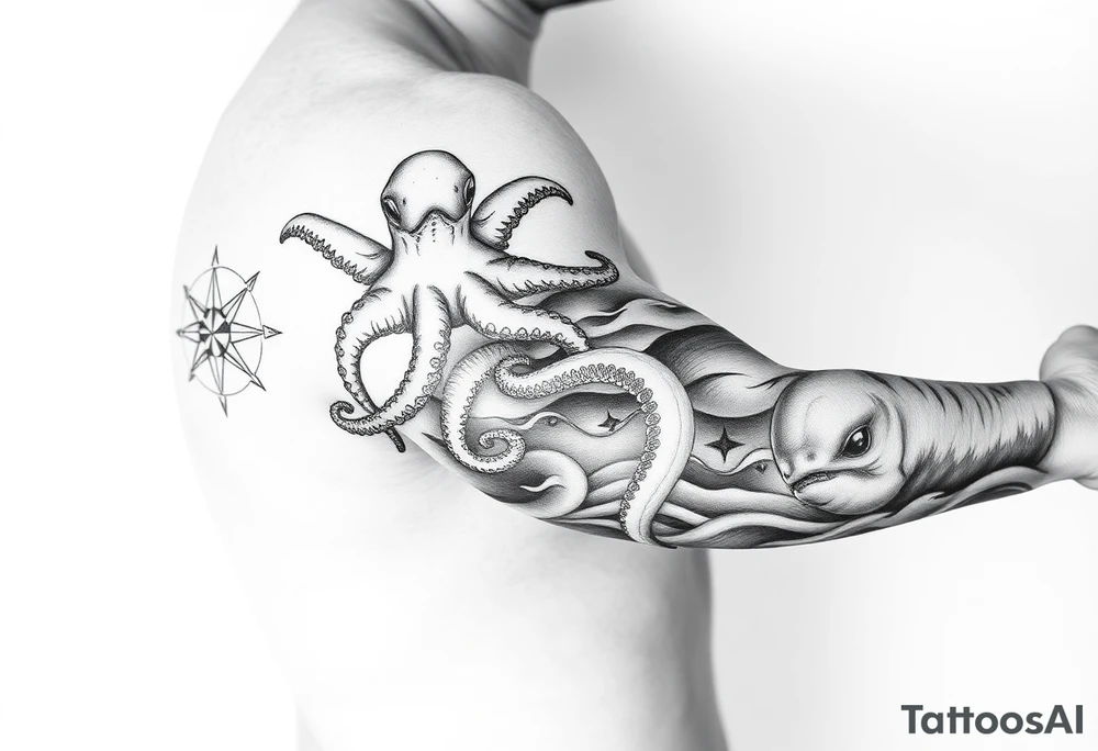 black and grey realistic full arm sleeve consisting of Compass Rose on the inner forearm as a focal point with loggerhead Turtles Swimming along the forearm, an Octopus Wrapping its tentacles around the arm,  a large whale gliding through the bicep area, and waves acting as the background to tie everything together. tattoo idea