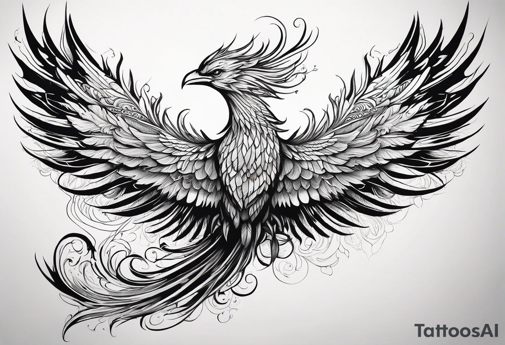 Tattoo: A powerful, majestic phoenix, depicted mid-flight or rising, with wings extended and feathers flowing. Deep shading and intricate details to bring out the texture and motion of the feathers. tattoo idea