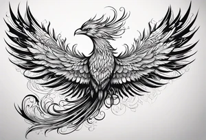 Tattoo: A powerful, majestic phoenix, depicted mid-flight or rising, with wings extended and feathers flowing. Deep shading and intricate details to bring out the texture and motion of the feathers. tattoo idea