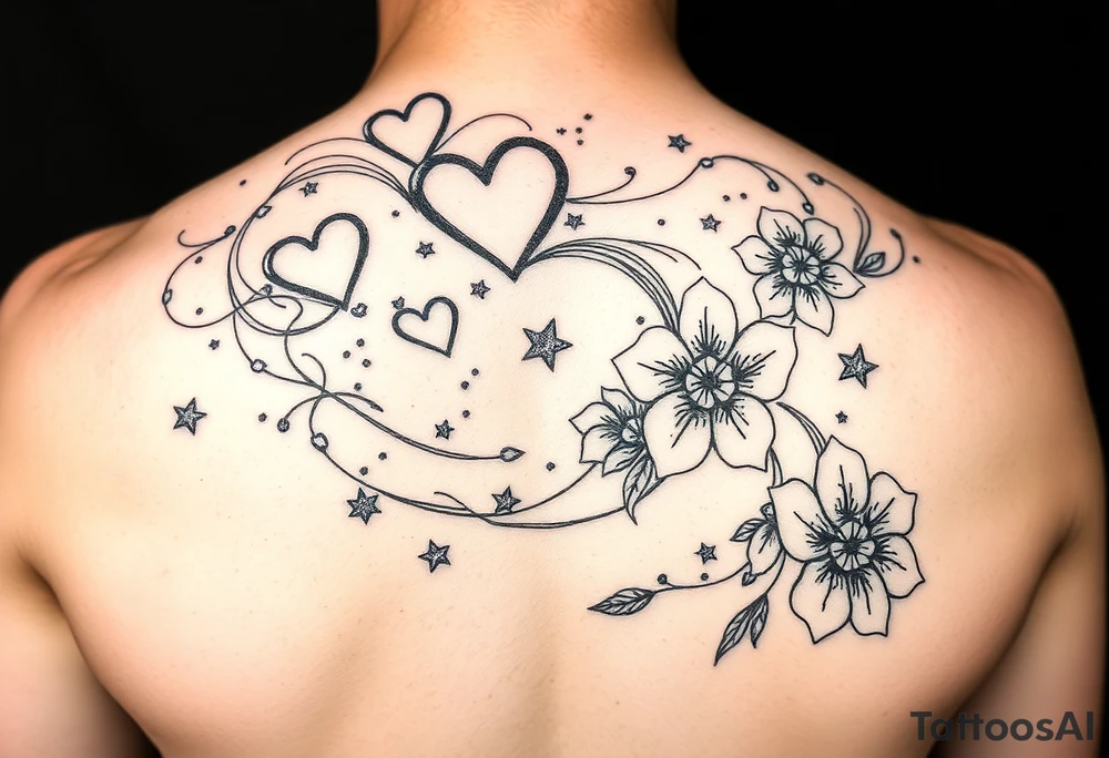 I want swirling lines like wind with hearts and stars an flowers with makeup floating tattoo idea