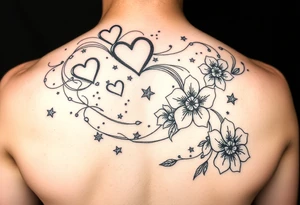 I want swirling lines like wind with hearts and stars an flowers with makeup floating tattoo idea