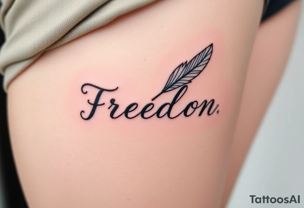A delicate black-and-gray feather with cursive calligraphy freedom flowing along the spine, symbolizing elegance and simplicity tattoo idea