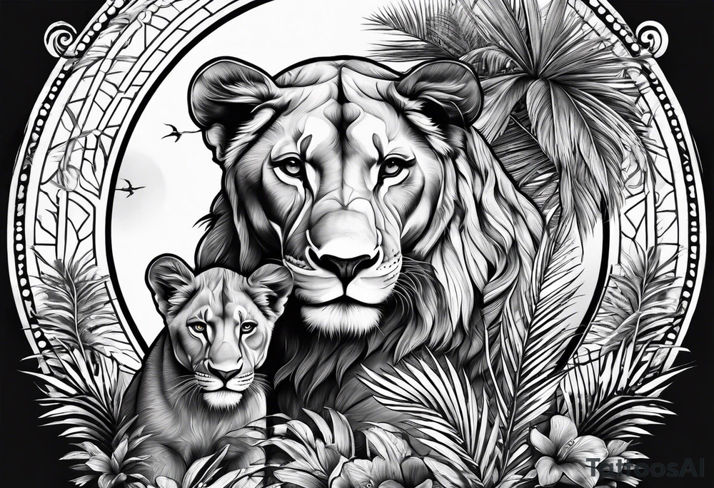lioness and cub sun palm tree tattoo idea