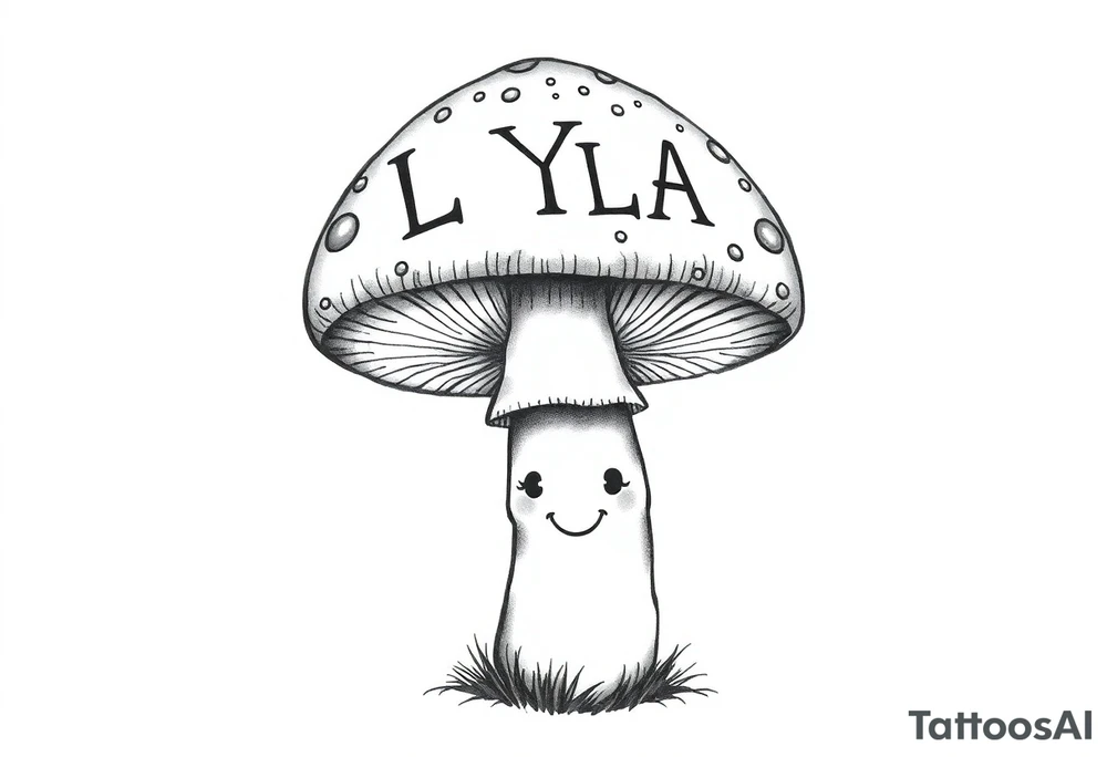 a mushroom that has a simple smiling face on the stem. on the cap top of the mushroom is says the word LYLA spelled into the pattern of the mushrooms contrasting colors tattoo idea