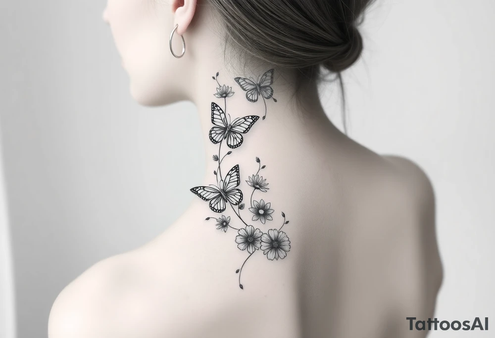 Delicate, simple floral spine tattoo with butterflies tattoo idea