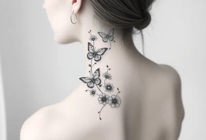 Delicate, simple floral spine tattoo with butterflies tattoo idea