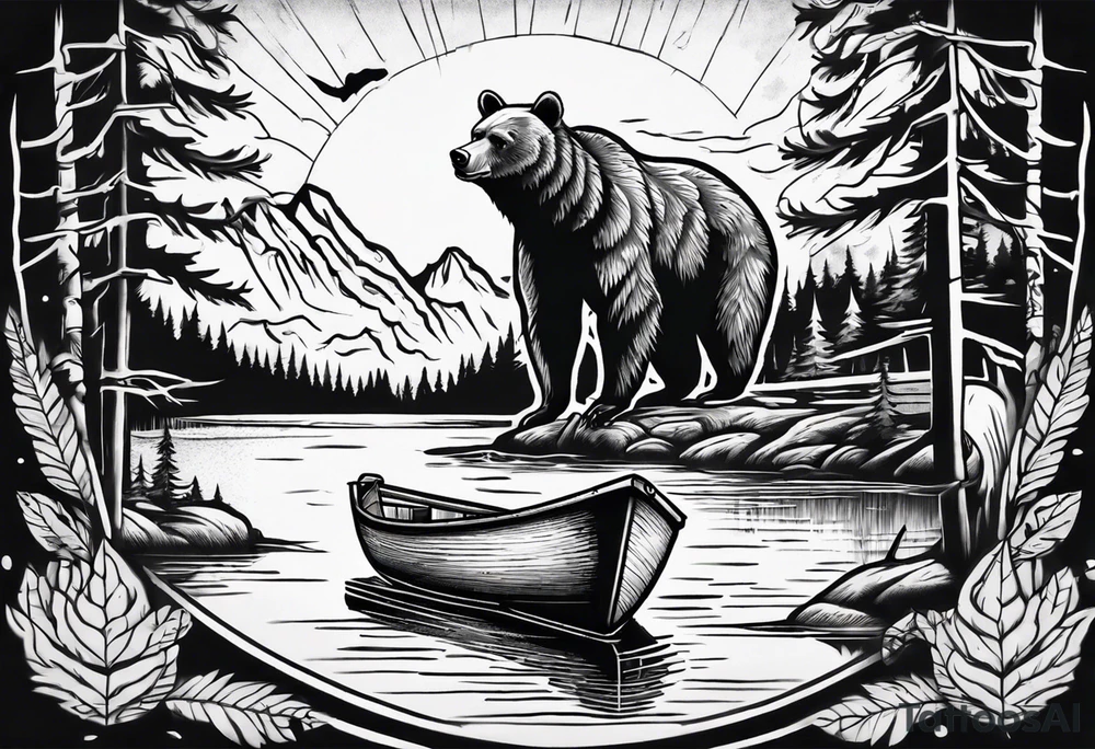 bear head right above the forest line with a lake below with a small fishermans boat floating on it, full arm sleeve tattoo tattoo idea
