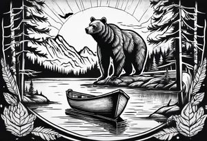 bear head right above the forest line with a lake below with a small fishermans boat floating on it, full arm sleeve tattoo tattoo idea