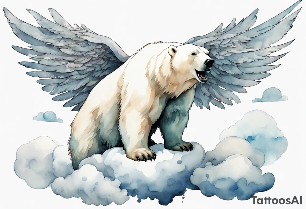 a polar bear with wings, standing on  clouds, roaring tattoo idea