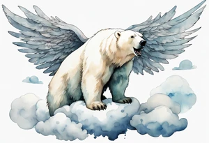 a polar bear with wings, standing on  clouds, roaring tattoo idea
