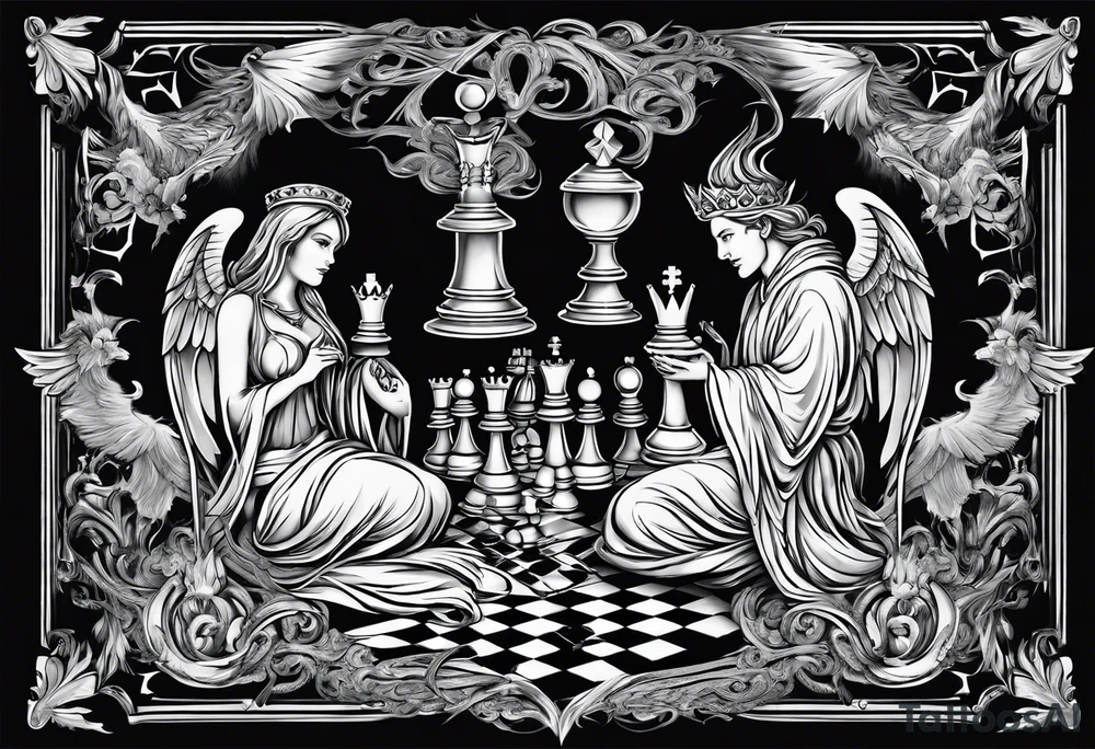 2 people chessboard with angelic and demonic chess pieces engaged in a strategic game, symbolizing the eternal battle between good and evil tattoo idea