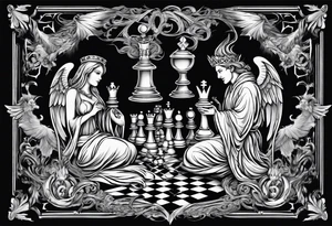 2 people chessboard with angelic and demonic chess pieces engaged in a strategic game, symbolizing the eternal battle between good and evil tattoo idea