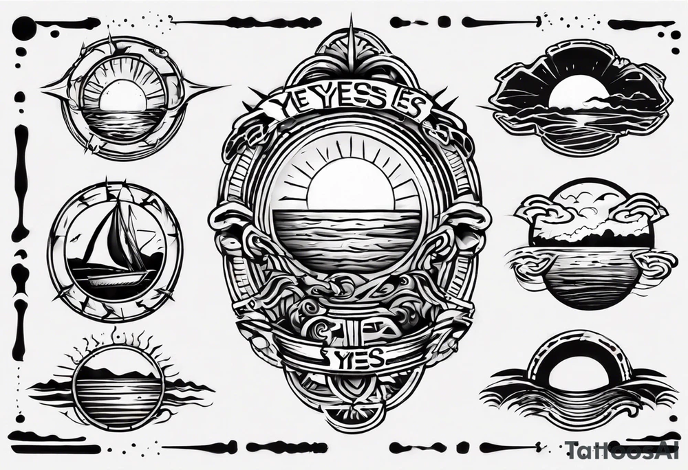Outline of sunset on sea with a word yes tattoo idea