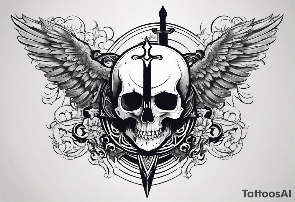 In the center is a skull pierced by a large sword. On either side of the skull, there are spread angel wings, creating an impression of protection and majesty. Beneath the skull is a ribbon that weaves through both the skull and the sword tattoo idea