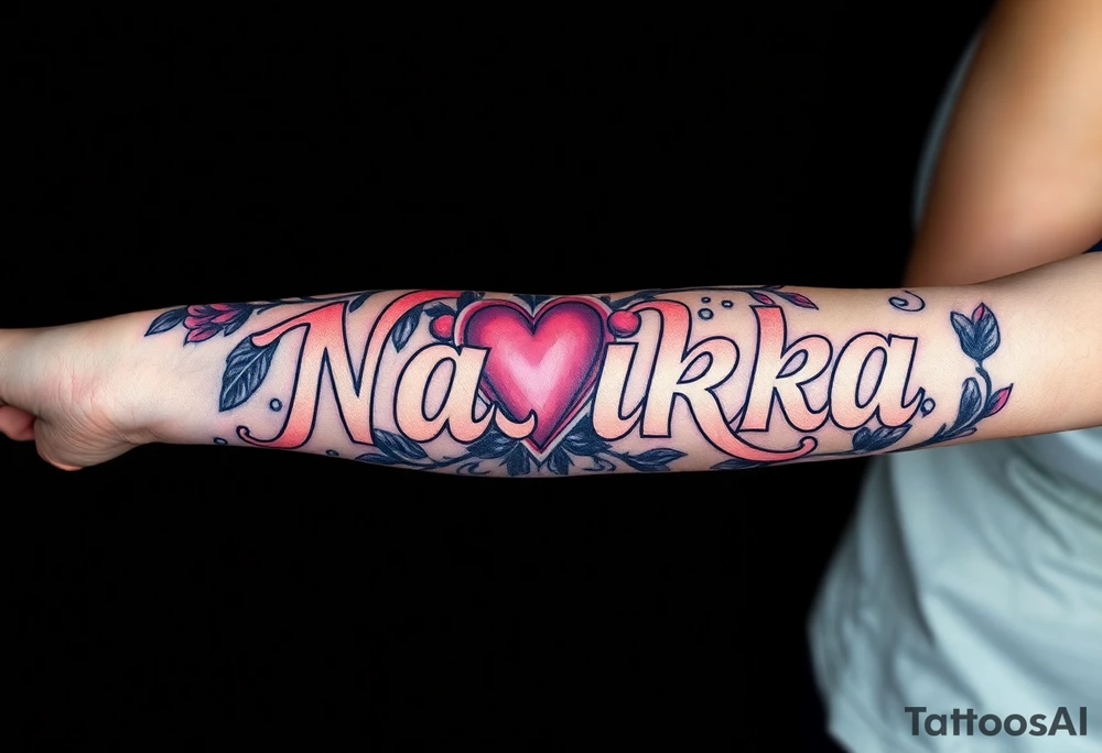 the word Nashika with roses and heart tattoo idea