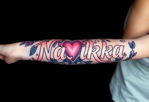 the word Nashika with roses and heart tattoo idea