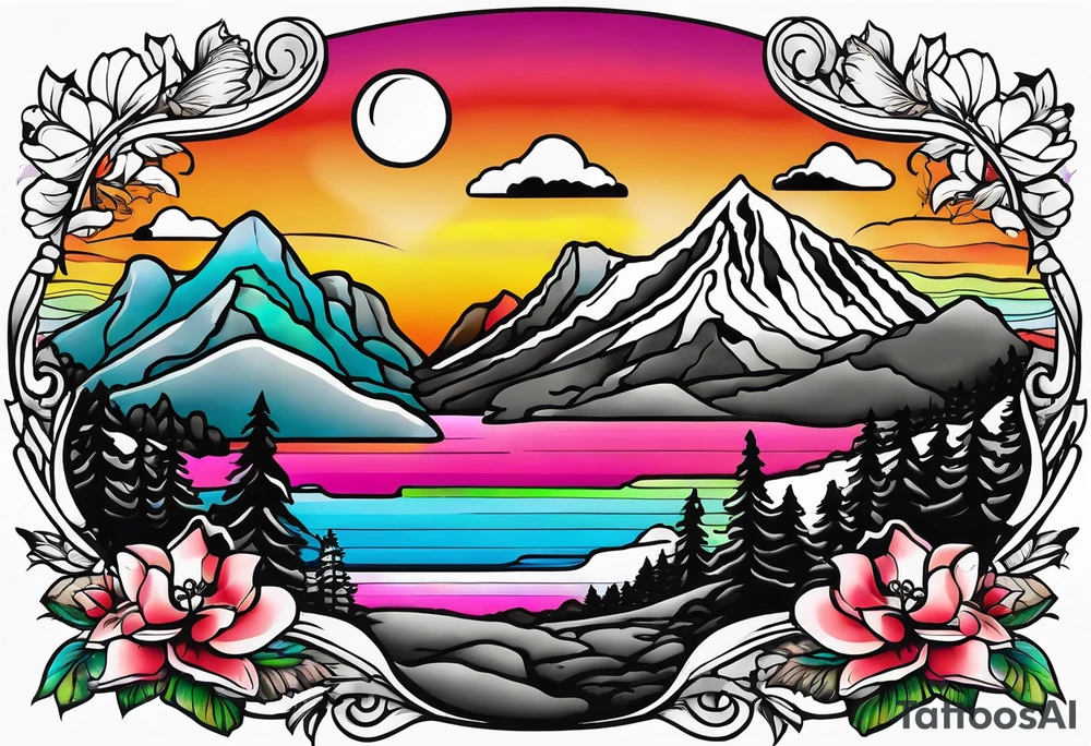 Black/ white tattoo that represents my love of hiking, my Hawaii upbringing,  my Finnish roots, and with a colored small rainbow flag tattoo idea