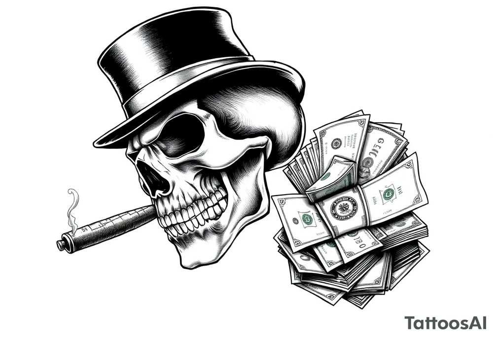 skull with mustache,a big cigar in his mouth,a top-hat on his head and alot of money in a hand. tattoo idea