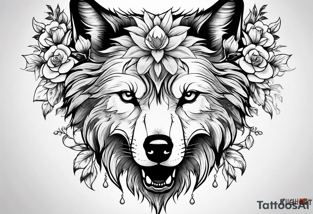 Wolf head half skull half real with flowers around tattoo idea