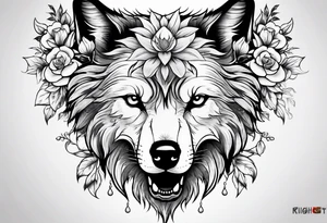Wolf head half skull half real with flowers around tattoo idea