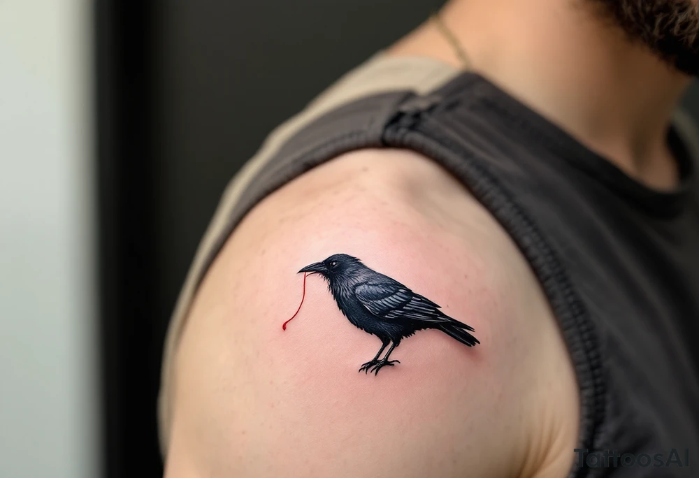 Crow with Red Thread – A black crow clutching a thin red thread in its beak, symbolizing fate or connection. Minimalistic style with just a pop of crimson. tattoo idea