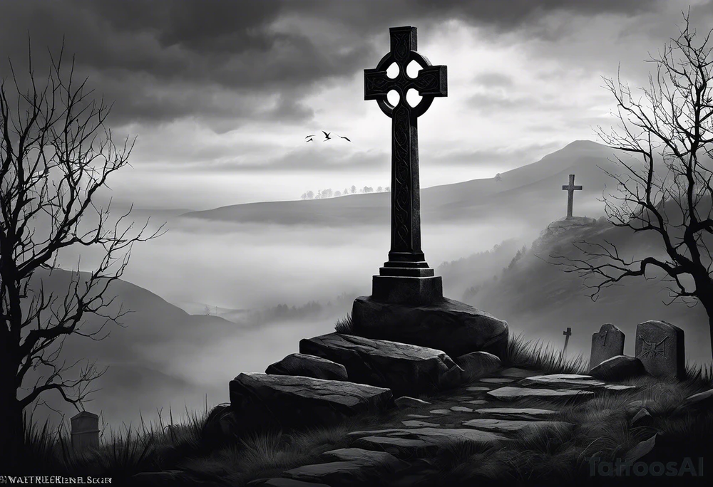 A stone Celtic cross solemnly standing atop a hill, a raven perches atop the cross staring out over the desolation. A ruined stone wall lies crumbling near the cross. Mist rolls along the hilltops adding to the melancholic nature of the scene tattoo idea