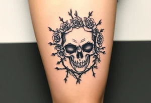 ornate skull adorned with crown of wild roses and thorns tattoo idea