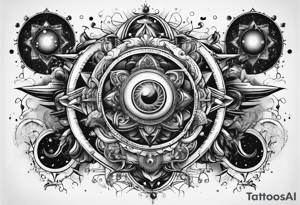 universe full of atoms and spiritual symbols tattoo idea