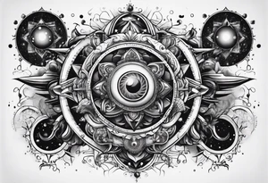 universe full of atoms and spiritual symbols tattoo idea
