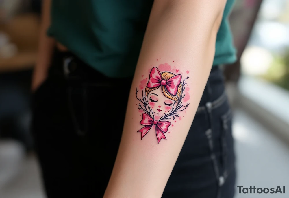 A delicate tattoo of Marie with her signature pink bow and a soft pastel watercolor background tattoo idea