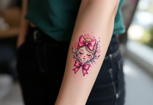 A delicate tattoo of Marie with her signature pink bow and a soft pastel watercolor background tattoo idea