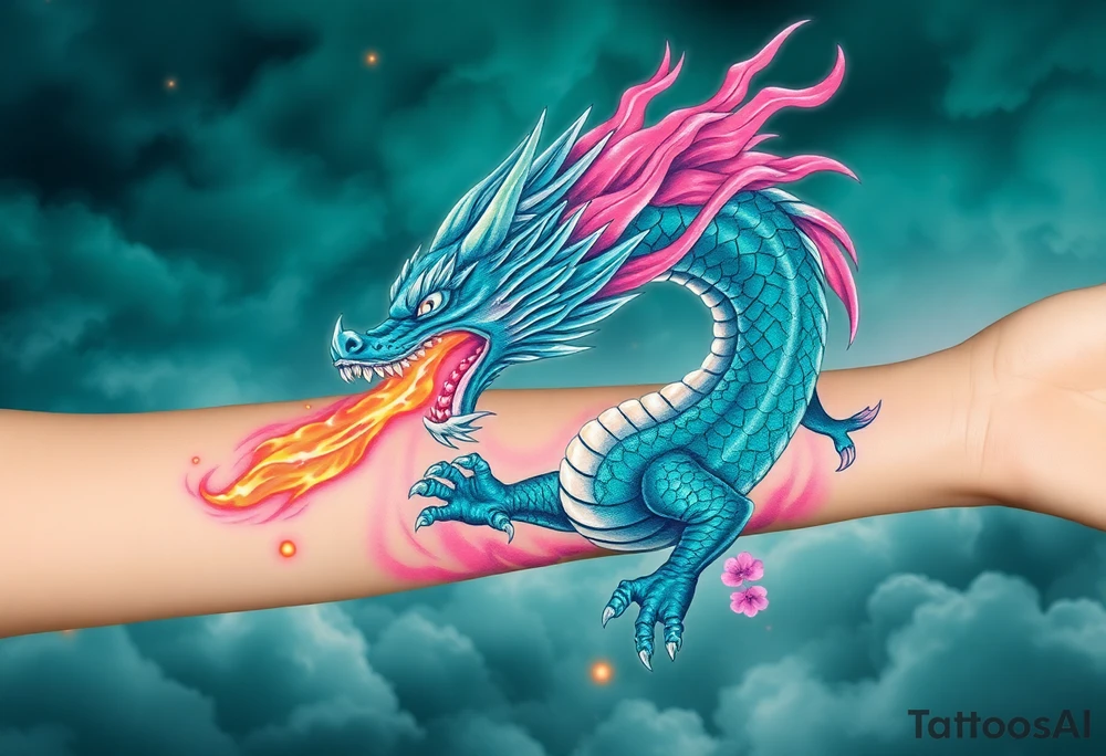 fierce dragon breathing iridescent fire against stormy skies green teal pink tattoo idea