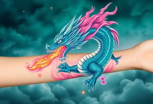 fierce dragon breathing iridescent fire against stormy skies green teal pink tattoo idea