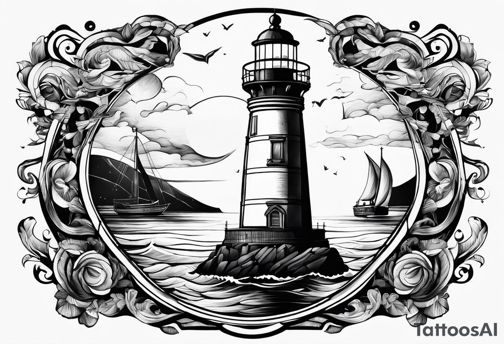 phare maritime dans un bateau a voiles vu du devant. tattoo idea