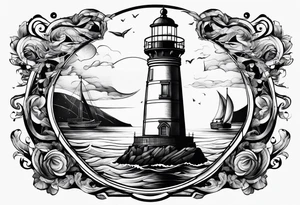 phare maritime dans un bateau a voiles vu du devant. tattoo idea