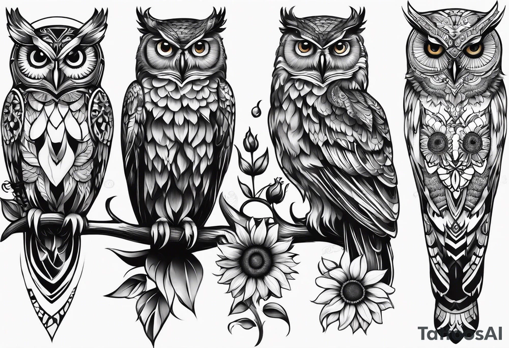 Small owl with butterfly and sunflower leg sleeve tattoo idea