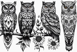 Small owl with butterfly and sunflower leg sleeve tattoo idea