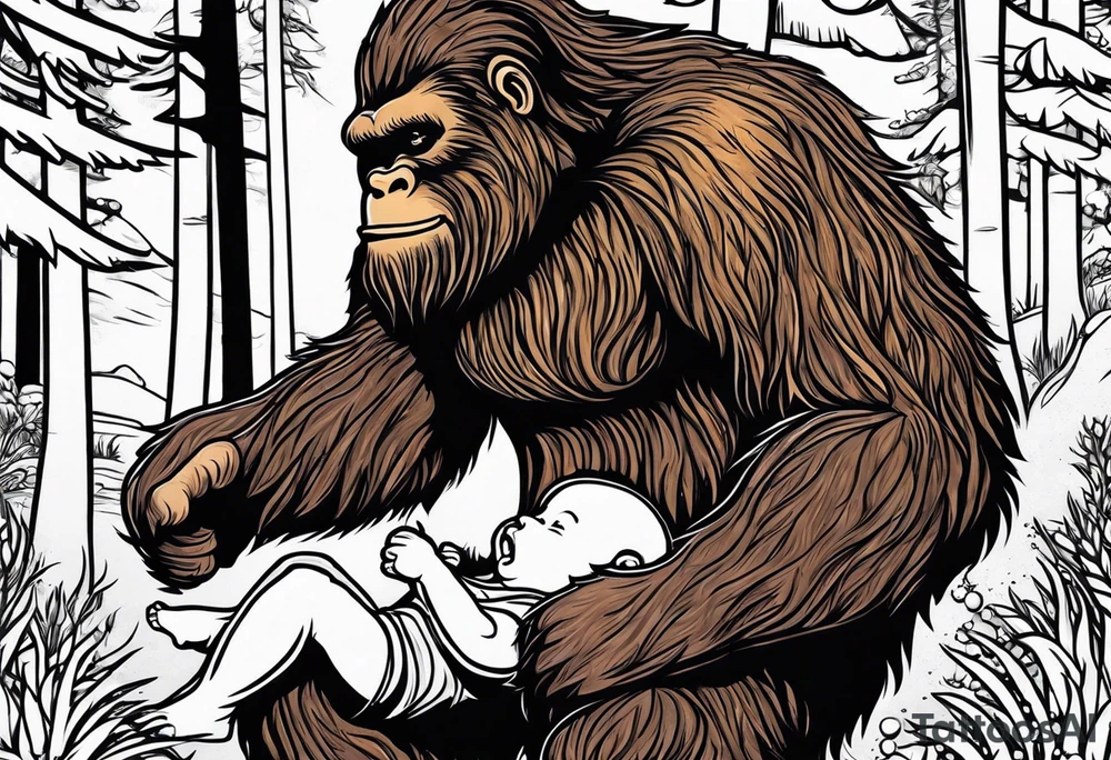 bigfoot feeding a baby bigfoot tattoo idea