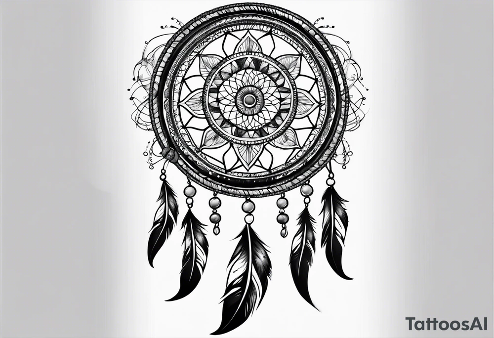 A black and white detailed dream catcher with a lot of shading tattoo idea