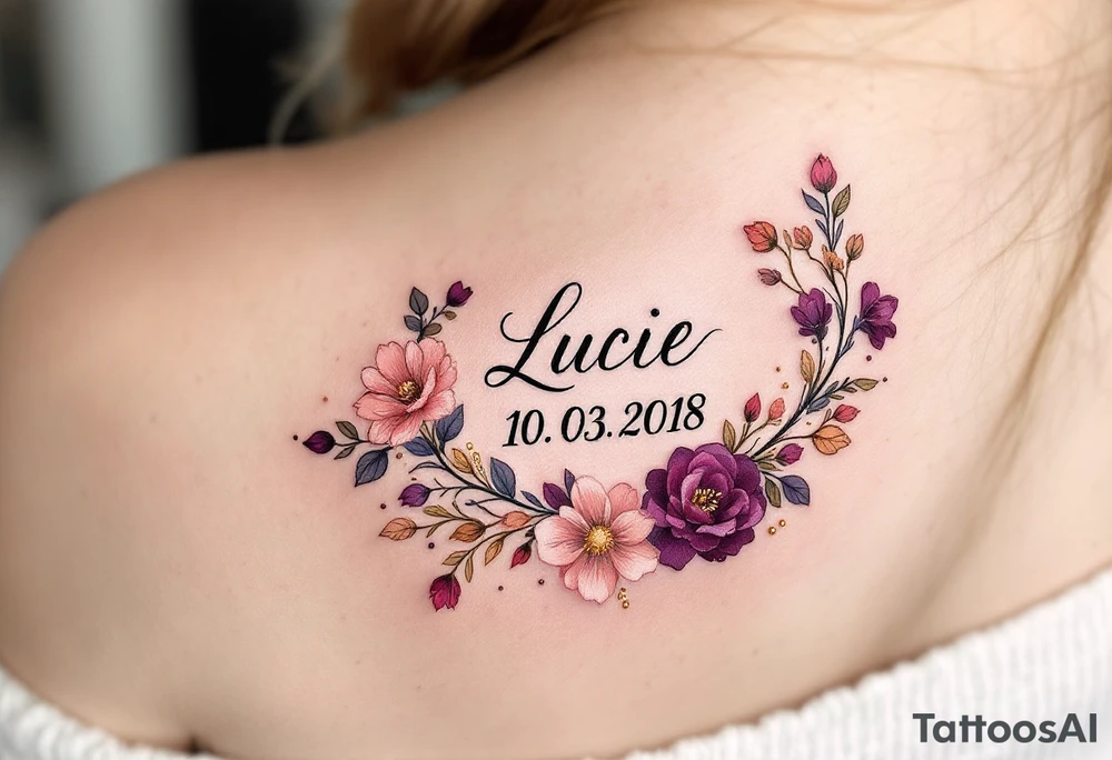 Lucie 10. 03. 2018) – A rosy peach and deep purple floral wreath, wrapping around Lucie's birthdate, with gold filigree detailing. tattoo idea
